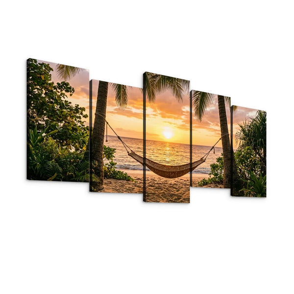 Hammock & Palm Trees Sunset Canvas Wall Art – Drift Into Sunset | 5-Panel Level Coastal Beach Print
