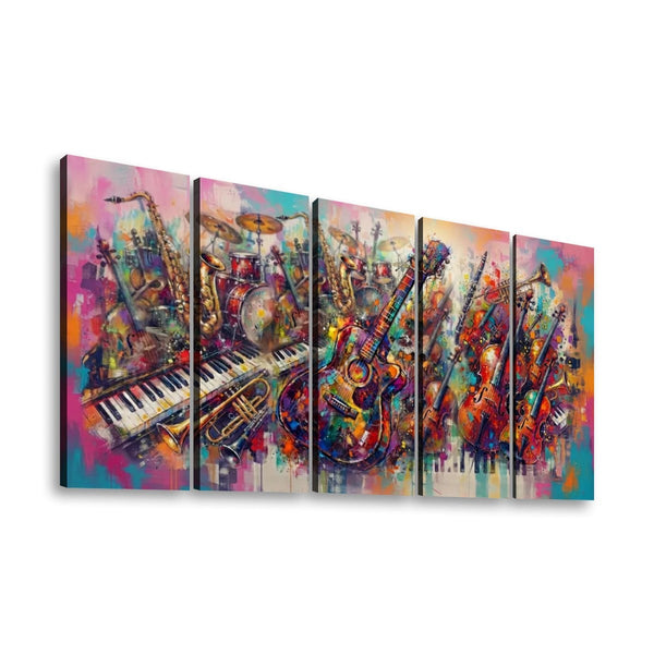 A five-panel canvas wall art set depicting an abstract, colorful painting of various musical instruments including guitars, saxophones, a piano, drums, and violins, shown against a plain white background.