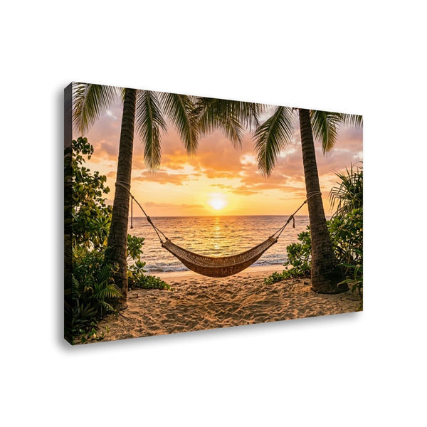 Hammock & Palm Trees Sunset Canvas Wall Art – Drift Into Sunset | 5-Panel Level Coastal Beach Print