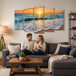 Golden Tide Sunset Beach Surf Canvas Wall Art – Ocean Waves at Dusk | 1, 3 & 5 Panel Coastal Print