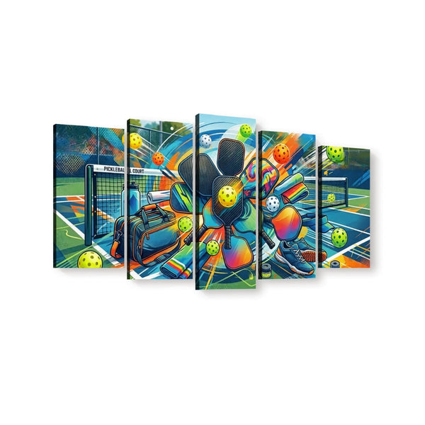 A 5-panel canvas wall art set depicting a colorful, stylized pickleball equipment on a court with pickleballs.