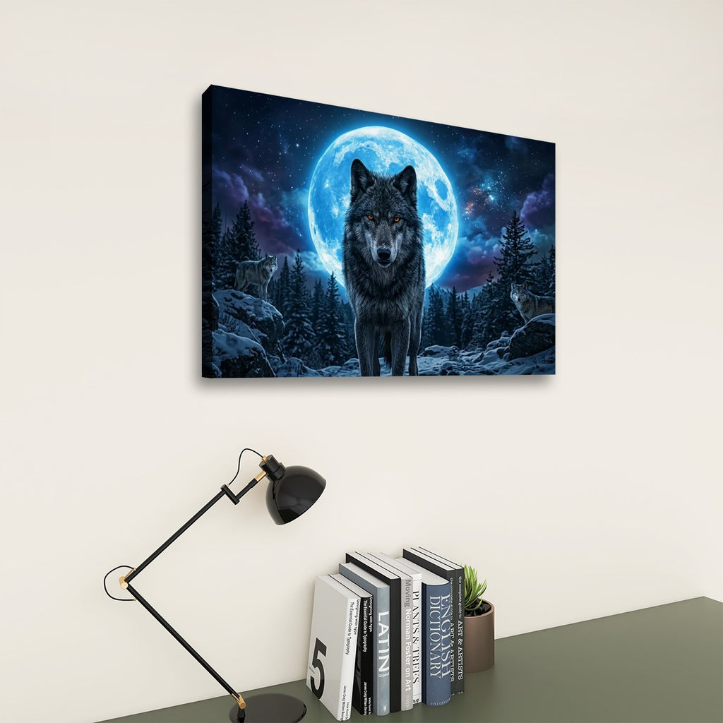 Howling Wolves with Blue Moon — 5-Panel Canvas Wall Art
