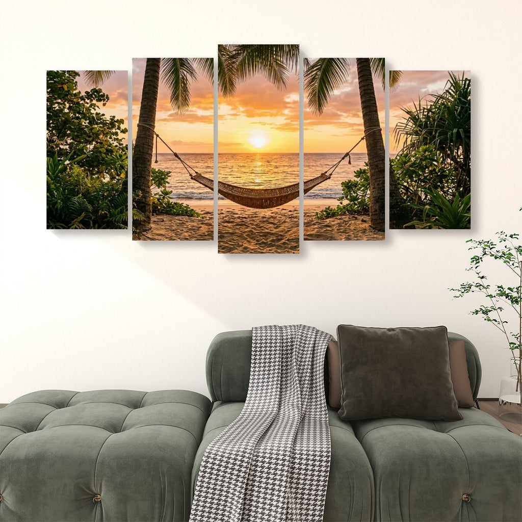 Hammock & Palm Trees Sunset Canvas Wall Art – Drift Into Sunset | 5-Panel Level Coastal Beach Print