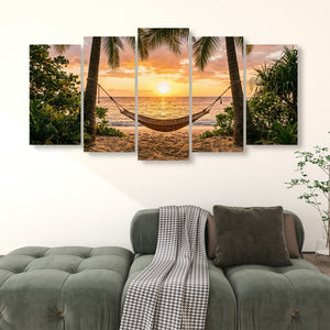 Drift Into Sunset – Hammock & Palm Trees 5-Panel Canvas Wall Art