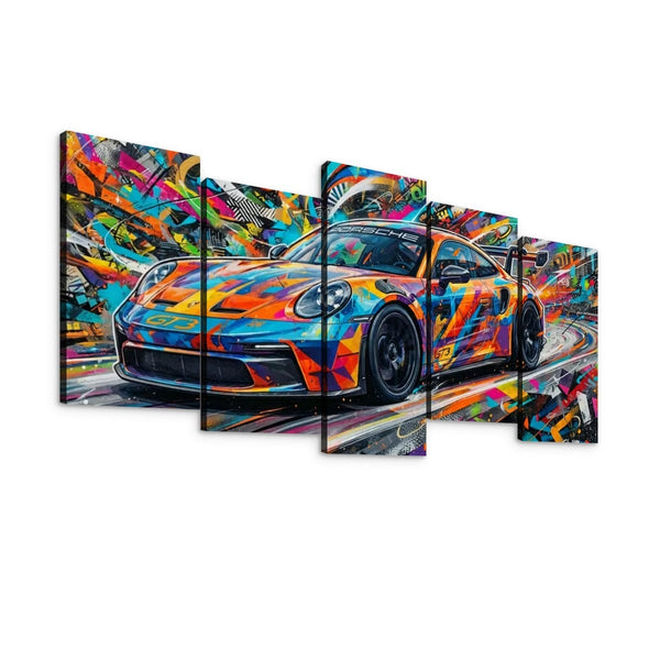 A 5-panel canvas wall art set depicting a colorful, graffiti-style abstract portrait of a 911 GT3 sports car on a white background.