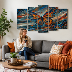 A woman sits on a gray sofa in a living room, holding a phone. Above the couch is a five-panel canvas wall art set depicting a large orange and blue butterfly over abstract swirling brushstrokes.