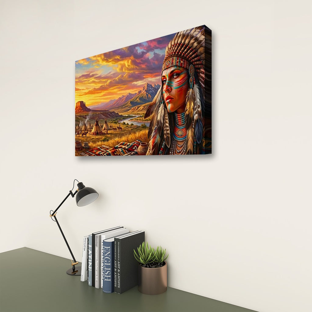 A rectangular wall art print showing a colorful portrait of a Native American woman in a headdress beside a desert landscape at sunset, displayed on a white wall above a desk with books, a lamp, and a small plant.