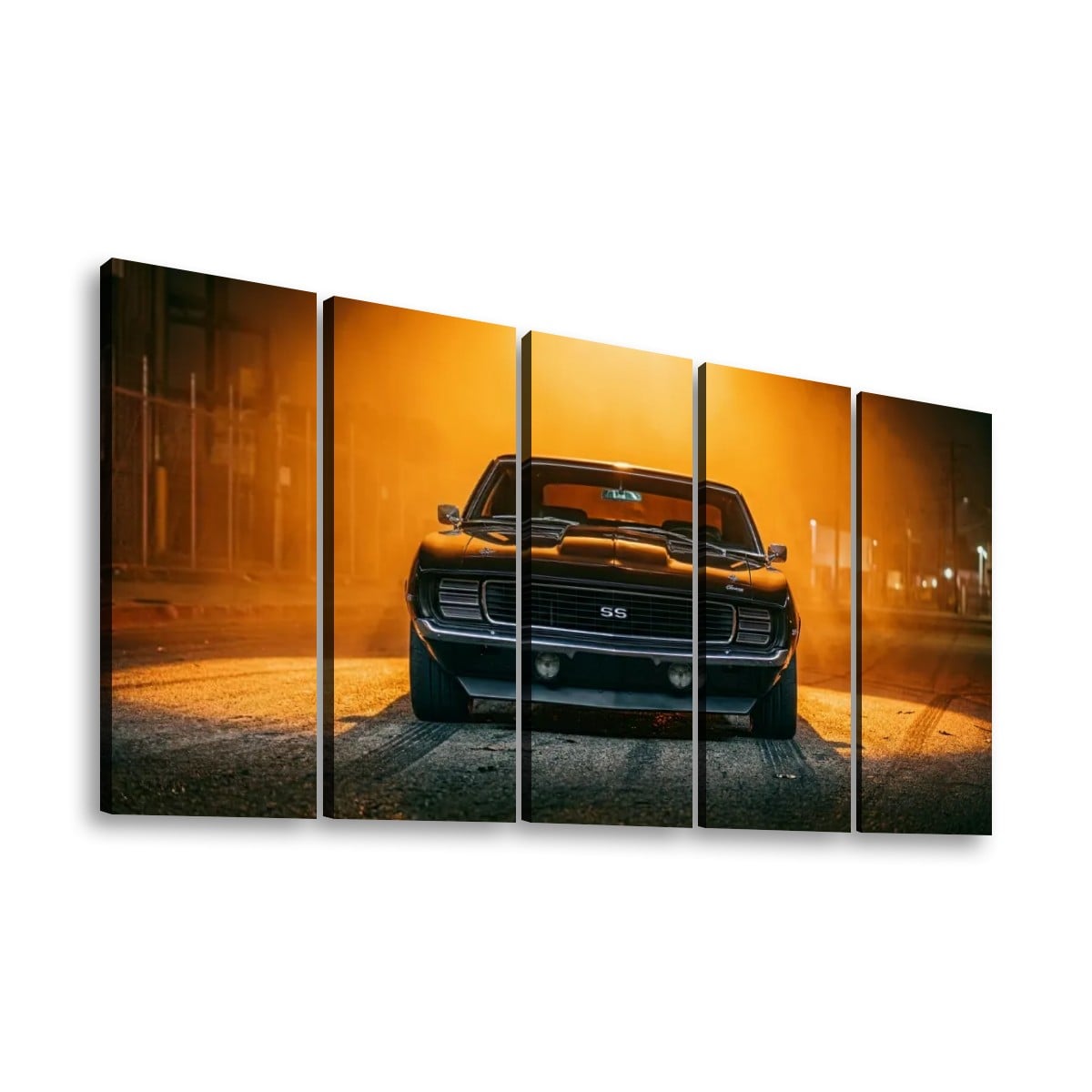 A five-panel canvas wall art set depicting a black 1969 RS/SS Chevy Camaro muscle car facing forward on a street at sunset, with strong orange and yellow lighting and a dark smoky background.