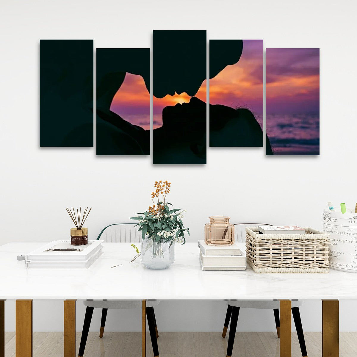 Loving Couple Kissing at Sunset on Gulf Ocean Beach — Multi-Panel Canvas Wall Art