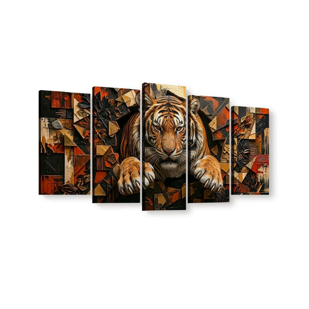 A five-panel canvas wall art set depicting a tiger in a cubist, geometric style. The artwork features a mix of warm tones including orange, brown, beige, and black, with the tiger's face and paws prominently shown on the center panels.