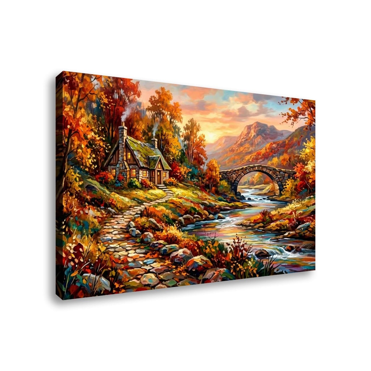 A rectangular canvas wall art print showing a colorful autumn landscape with a stone cottage, bridge, flowing stream, and mountains under a warm sky.