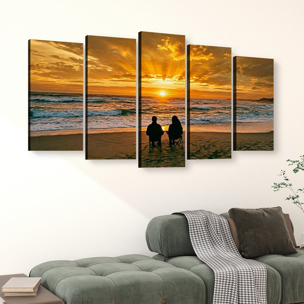 Sunset Surf Couple on the Beach Canvas Wall Art – Romantic Coastal Scene | 5-Panel Level Print
