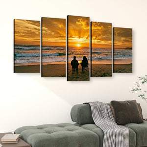 Sunset Surf – Couple on the Beach 5-Panel Canvas Wall Art