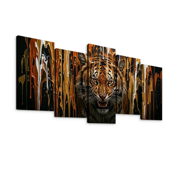 Tiger Bursting Through Dripping Paint Canvas Wall Art – Unleashed | Multi-Panel Wildlife Print