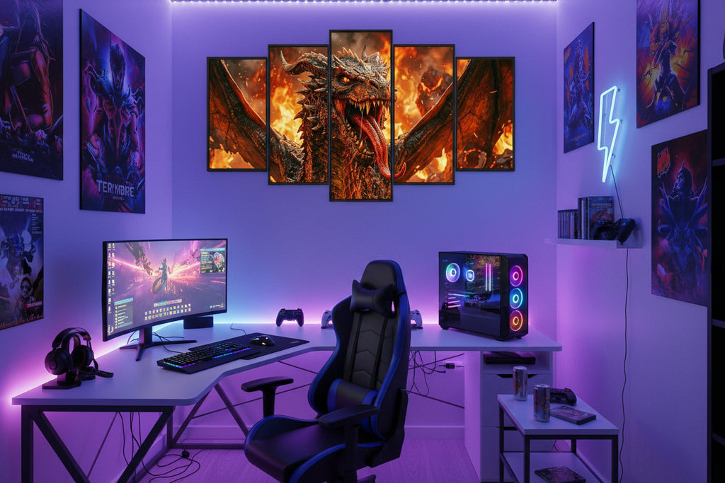 A 5-panel canvas wall art set depicting a fiery dragon with wings spread.