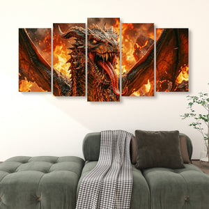 A 5-panel canvas wall art set depicting a fiery dragon with wings spread, displayed above a green tufted sofa in a living room setting.
