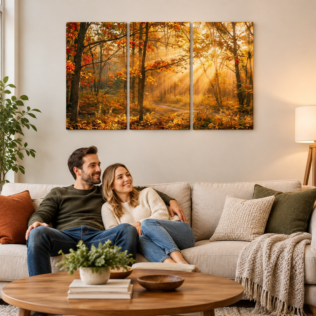 Autumn Forest Fall Sun Rays Canvas Panel Wall Art Living Bed Room Print