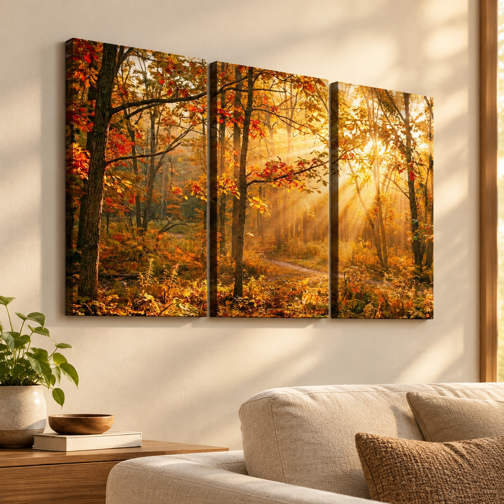 Autumn Forest Fall Sun Rays Canvas Panel Wall Art Living Bed Room Print
