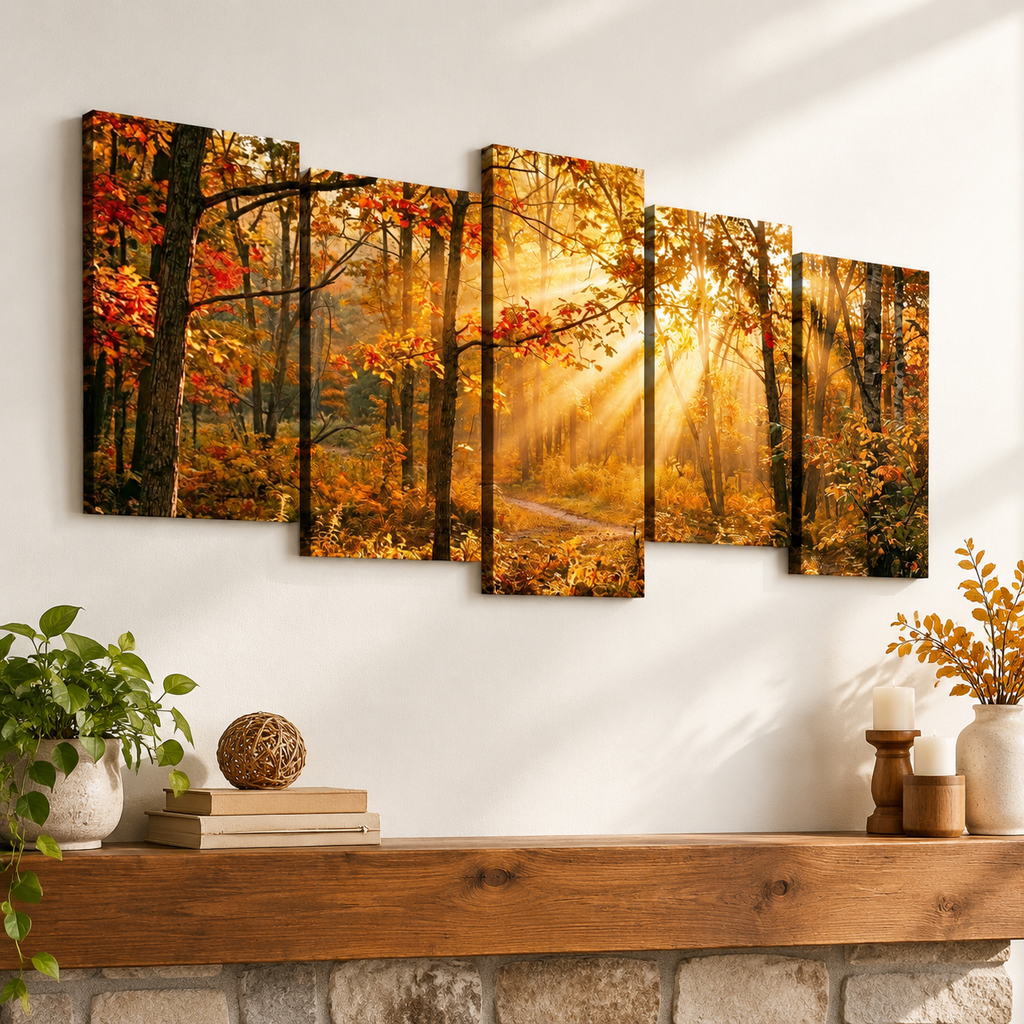 Autumn Forest Fall Sun Rays Canvas Panel Wall Art Living Bed Room Print