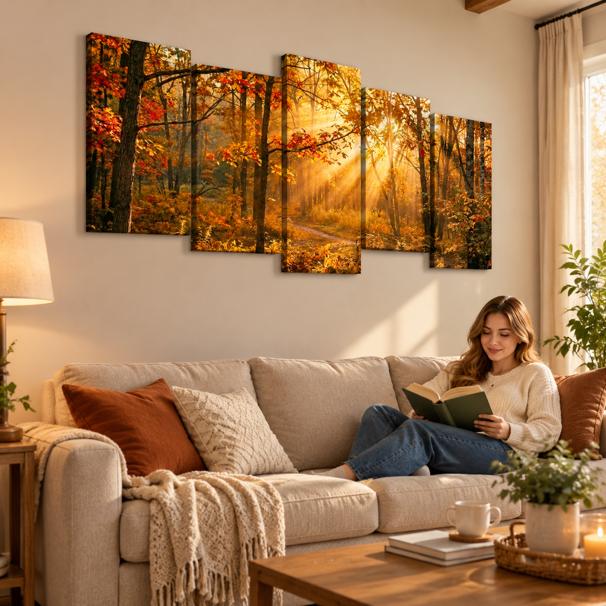 Autumn Forest Fall Sun Rays Canvas Panel Wall Art Living Bed Room Print