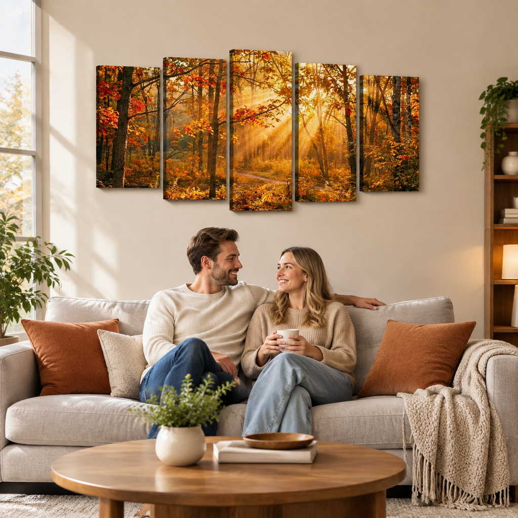 Autumn Forest Fall Sun Rays Canvas Panel Wall Art Living Bed Room Print