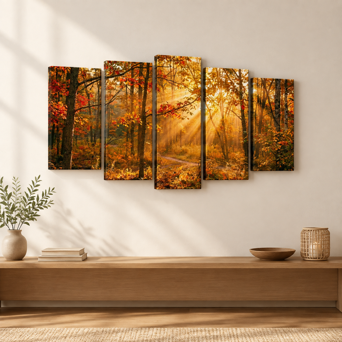 Autumn Forest Fall Sun Rays Canvas Panel Wall Art Living Bed Room Print