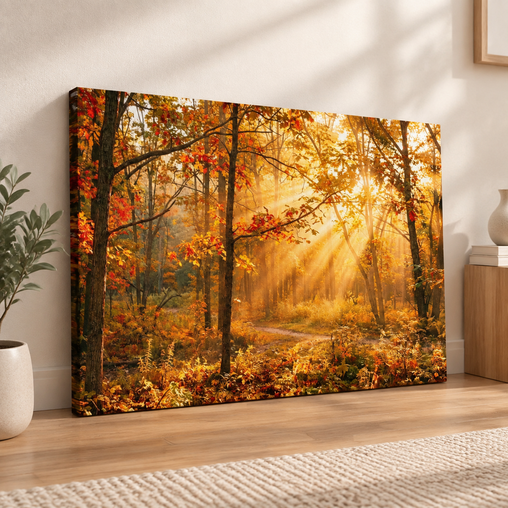 Autumn Forest Fall Sun Rays Canvas Panel Wall Art Living Bed Room Print