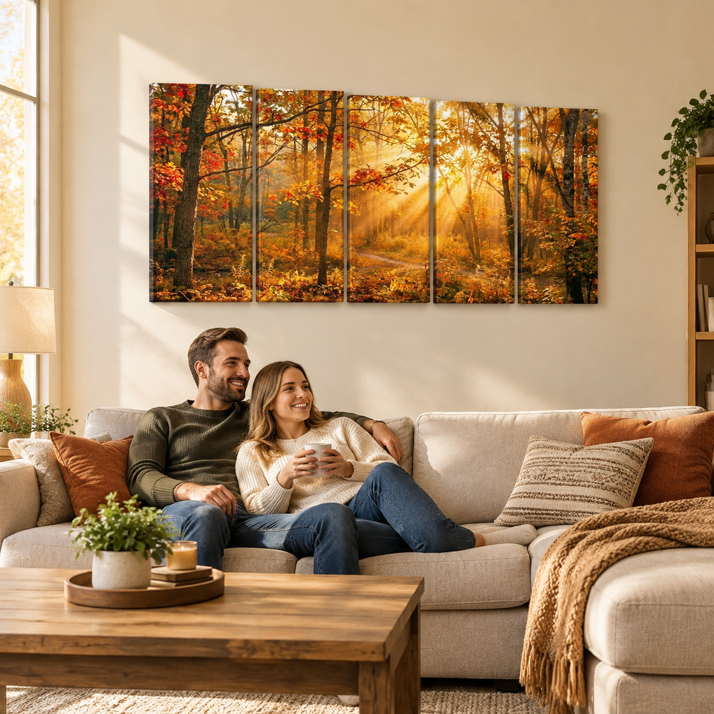 Autumn Forest Fall Sun Rays Canvas Panel Wall Art Living Bed Room Print