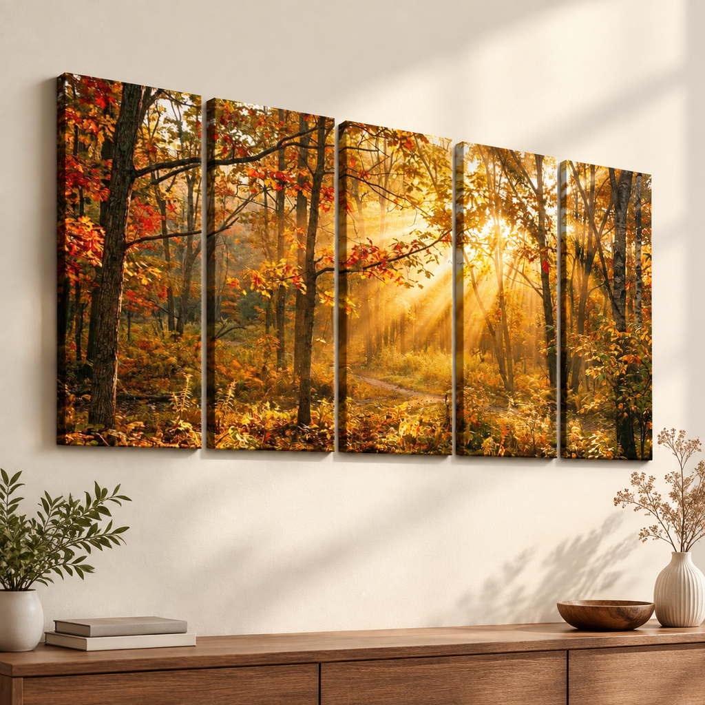 Autumn Forest Fall Sun Rays Canvas Panel Wall Art Living Bed Room Print