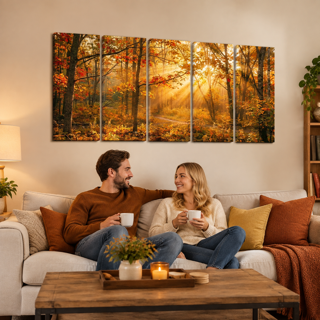 Autumn Forest Fall Sun Rays Canvas Panel Wall Art Living Bed Room Print