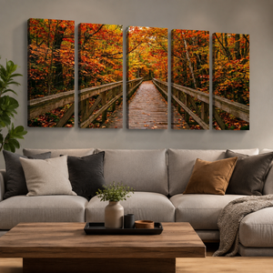 Autumn's Journey Canvas Wall Art – Colorful Fall Forest Path | 1, 3 & 5 Panel Nature Print