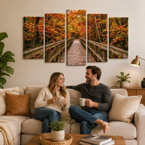 Autumn's Journey Canvas Wall Art – Colorful Fall Forest Path | 1, 3 & 5 Panel Nature Print