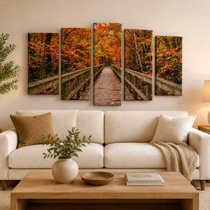 Autumn's Journey Canvas Wall Art – Colorful Fall Forest Path | 1, 3 & 5 Panel Nature Print