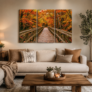 Autumn's Journey Canvas Wall Art – Colorful Fall Forest Path | 1, 3 & 5 Panel Nature Print