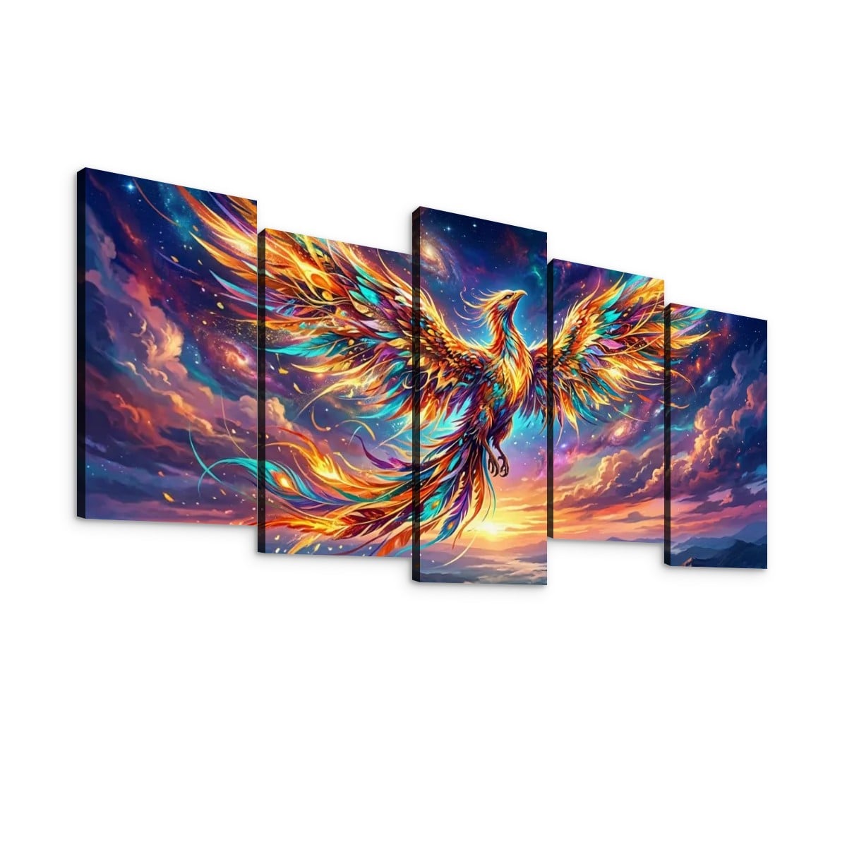 A five-panel canvas wall art set depicting a vibrant, colorful phoenix rising against a dramatic cosmic sky with swirling clouds and glowing light.