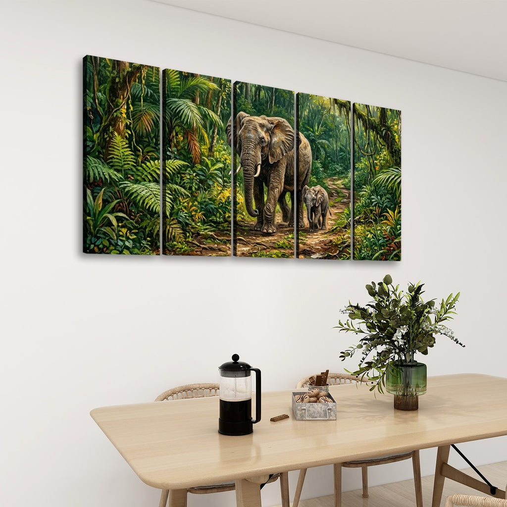A five-panel canvas wall art set depicting a safari scene with an elephant and a calf in a lush green jungle, displayed on a white wall above a dining table with a plant and coffee maker.