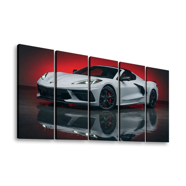 C8 Corvette White on Red Canvas Wall Art – Bold Supercar Print | 5-Panel Multi-Panel Garage Décor