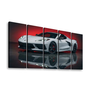 C8 Corvette White on Red — 5-Panel Level Canvas Wall Art
