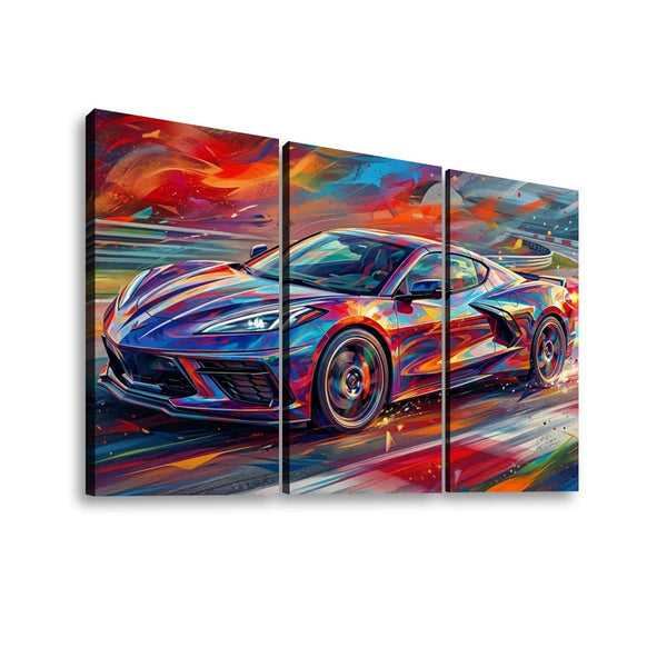 A three-panel canvas wall art print depicting a colorful, abstract Corvette sports car in motion against a vibrant painted sky and road. The artwork is shown as a triptych on a plain white background.