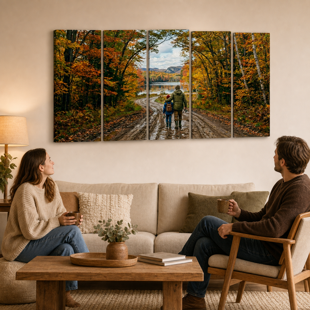 Gone Fishing Canvas Wall Art – Father & Son Autumn Lake Scene | 5-Panel Level Print