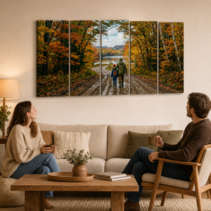 Gone Fishing Canvas Wall Art – Father & Son Autumn Lake Scene | 5-Panel Level Print