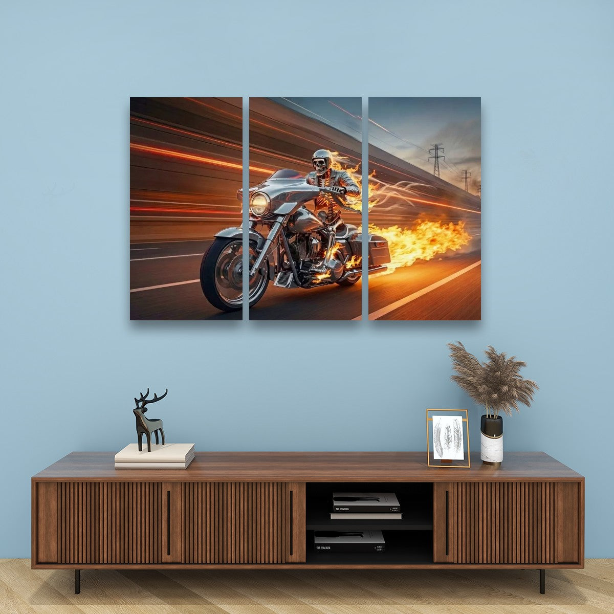 Chrome Dome Skeleton Fire Bagger Motorcycle Split Canvas Panel Wall Art | 1, 3, 5 Panel