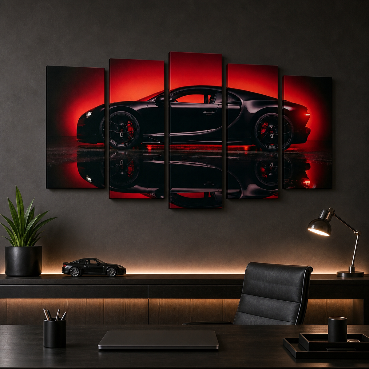 Bugatti Chiron Canvas Wall Art – Dark Reflection Supercar Print | 5-Panel Level Garage Décor
