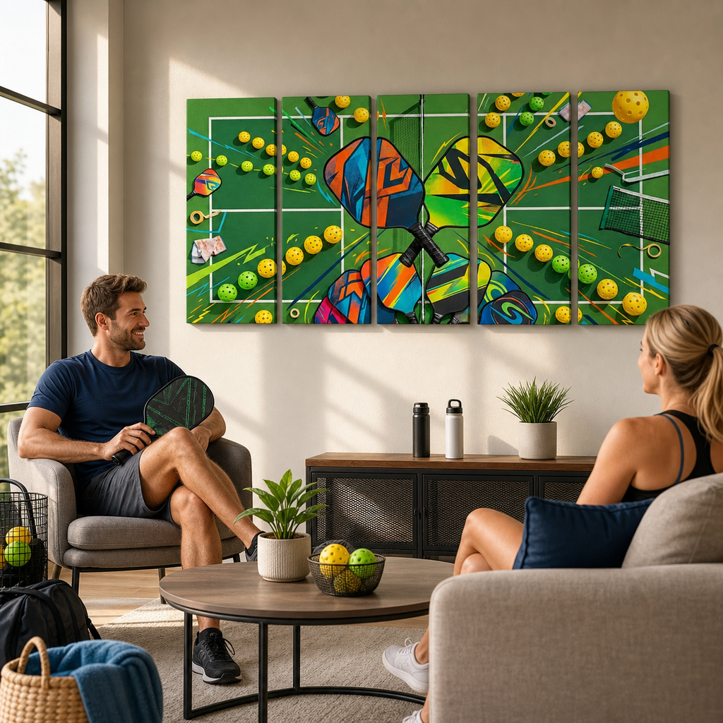 A man and a woman sit in a modern living room facing a large, colorful, multi-panel wall art piece depicting a pickleball court with pickleballs and racquets. The room features a round coffee table with plants and water bottles, and a large window on the left.