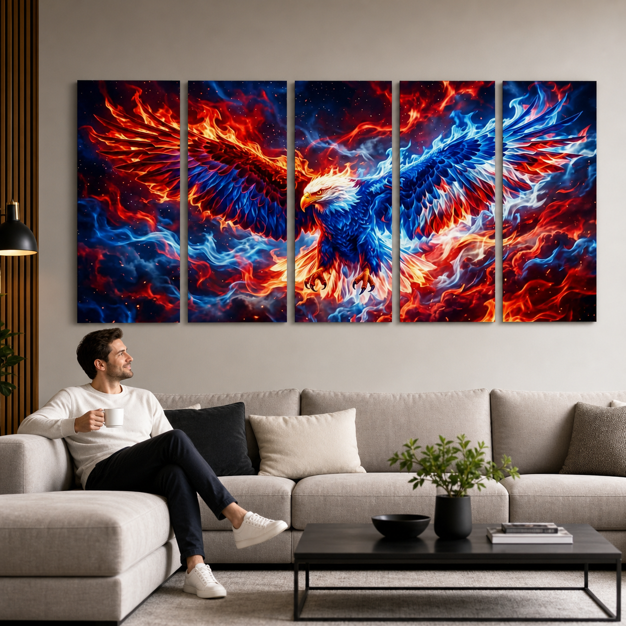 Inferno Eagle Canvas Wall Art – Patriotic Red White & Blue Fire | 5-Panel Level Patriotic Print