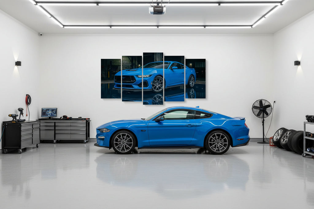 A 5-panel canvas wall art set depicting a bright blue Mustang sports car on a dark reflective surface, displayed above a green tufted sofa in a modern living room setting.