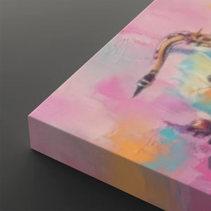 A close-up of a square canvas print showing its wrapped edge, featuring an abstract pastel design with pink, yellow, blue, and white brushstrokes and a stylized curved line.