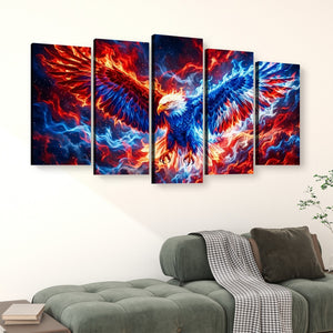 A 5-panel canvas wall art set depicting a dramatic fiery eagle in red, orange, and blue against a dark cosmic background, displayed above a green sofa in a modern living room setting.