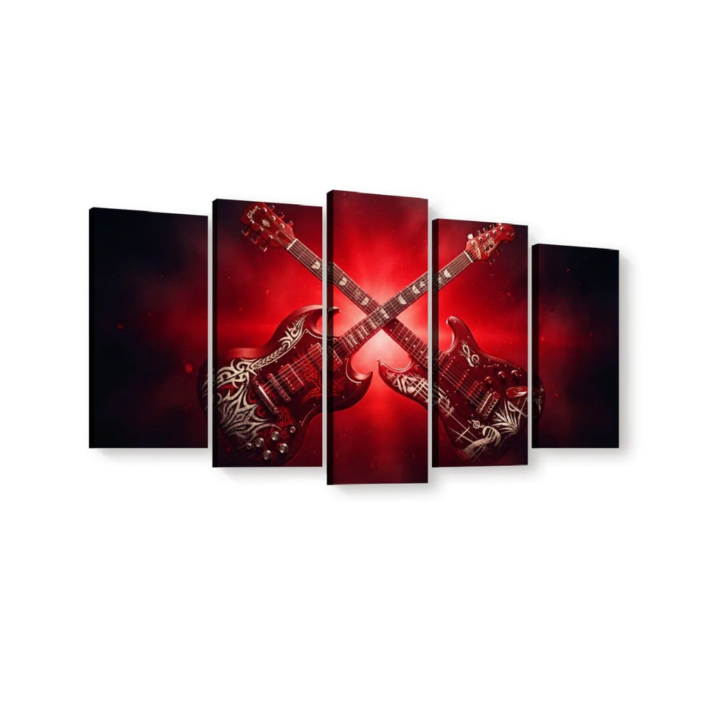 A 5-panel canvas wall art set featuring two crossed electric guitars on a dramatic red and black background, shown against a plain white wall.
