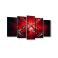 A 5-panel canvas wall art set featuring two crossed electric guitars on a dramatic red and black background, shown against a plain white wall.